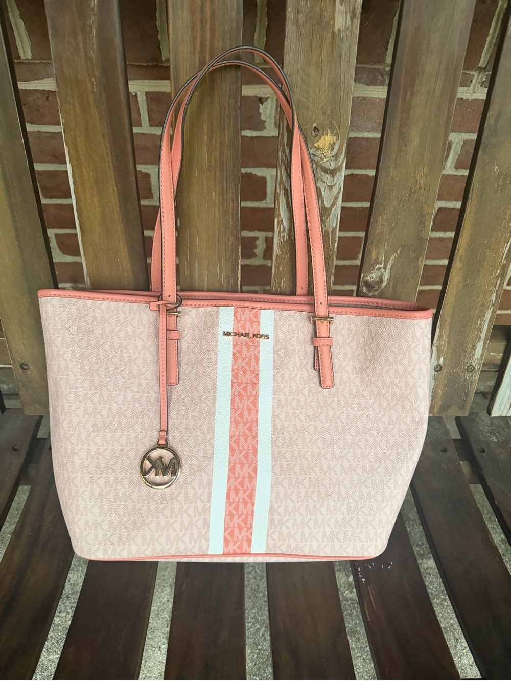Michael Kors Coral and White Stripe Signature Tote